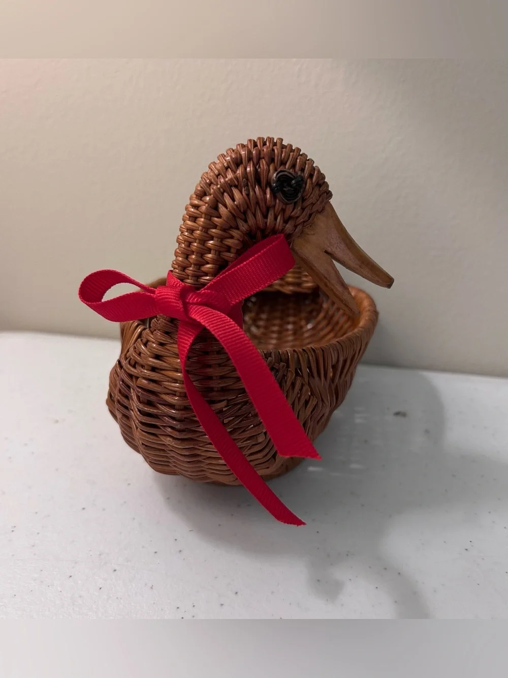 Vintage Wicker Duck Basket Wood Beak Trinket Holder or succulent home